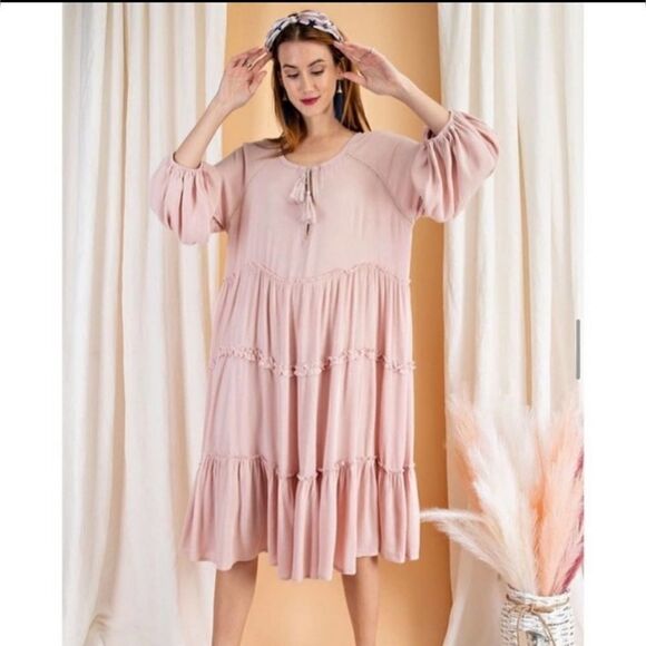 Anthropologie Easel Pink Ruffled Tiered Bohemian Dress Size Small (runs large) - Picture 2 of 11